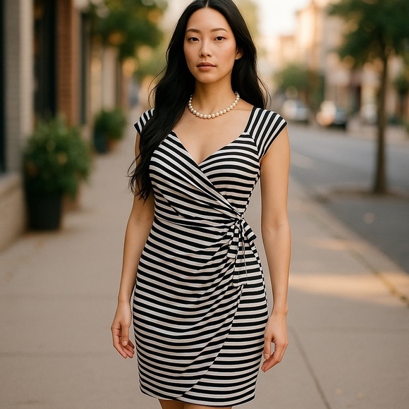 WORTHINGTON SLEEVELESS BLACK & WHITE STRIPE WRAP AROUND TIE SASH DRESS SZ 6 - Picture 10 of 10